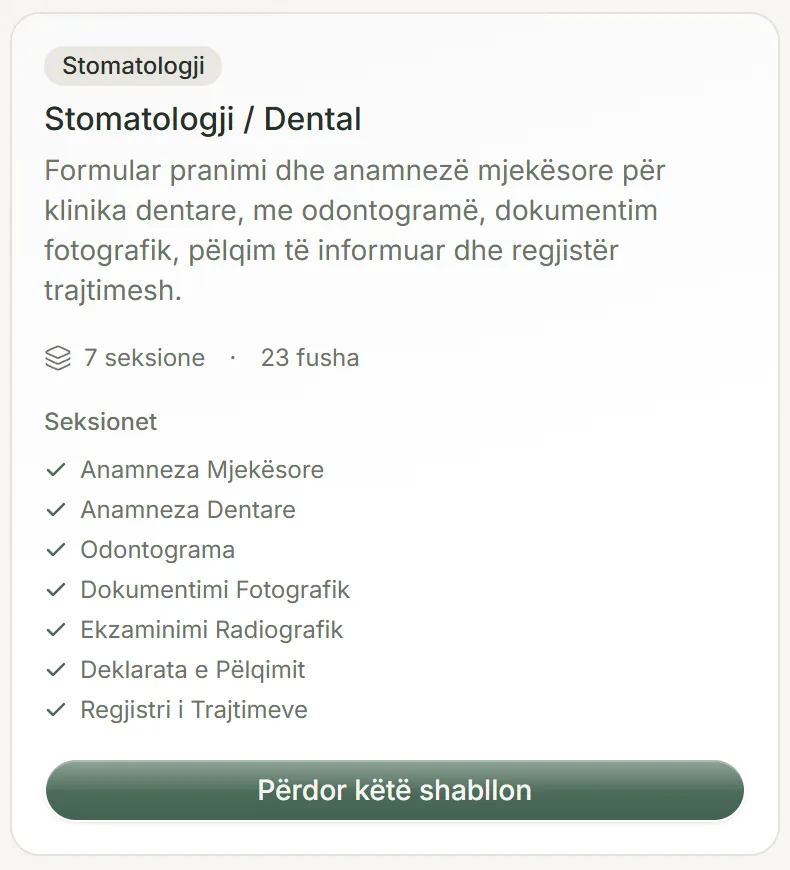 Modeli i kartelës për stomatologji, me shtatë seksione nga anamneza mjekësore te regjistri i trajtimeve